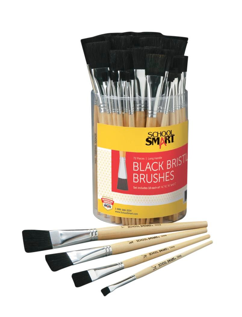 School Smart Black Bristle Paint Brushes, Long Handle, Assorted Sizes, Set of 72 402746